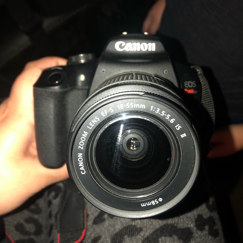 Canon camera, lenses, self photography stick, battery, battery charger, bag